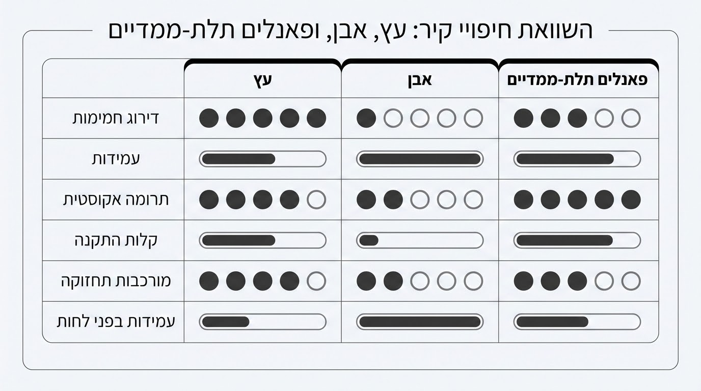 השוואה בין חיפוי עץ, אבן ותלת מימד - טבלת קריטריונים