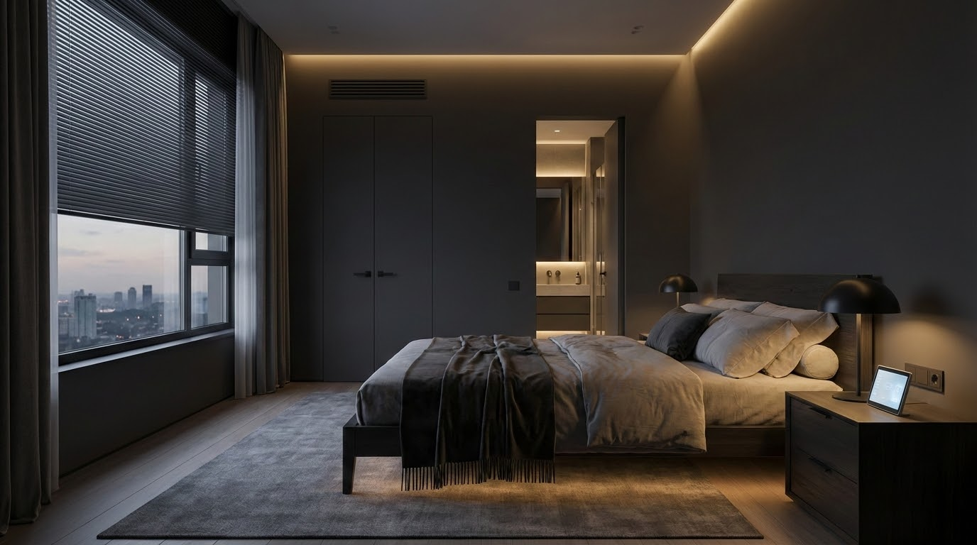 תרחיש לילה טוב בבית חכם - איור של חדר שינה עם תאורה מתעמעמת