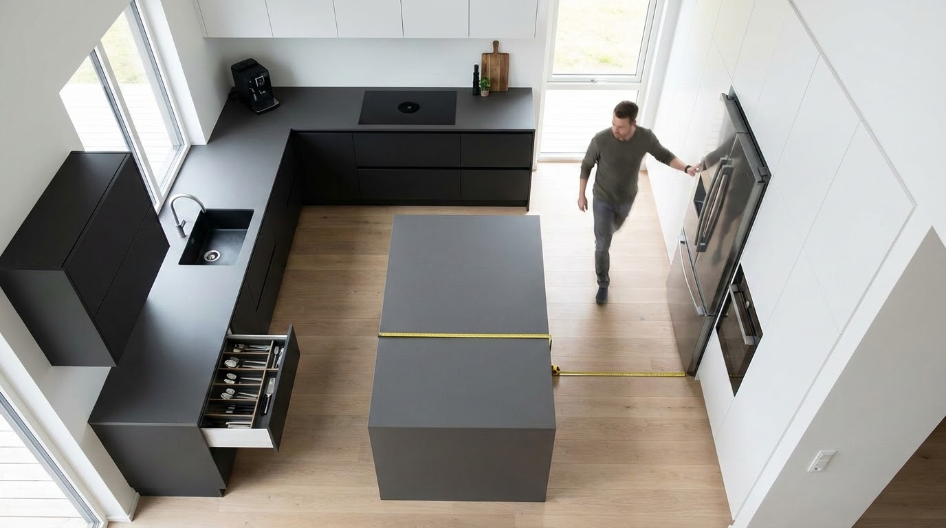 תכנון מרווחים נכונים בין אזורי עבודה במטבח מודרני