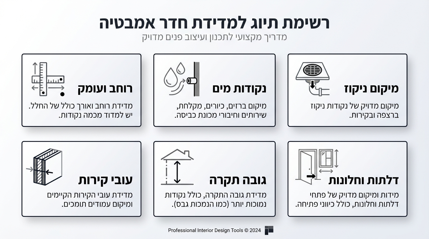 צ'ק-ליסט מדידות לפני פגישה באולם תצוגה לבחירת כלים סניטריים