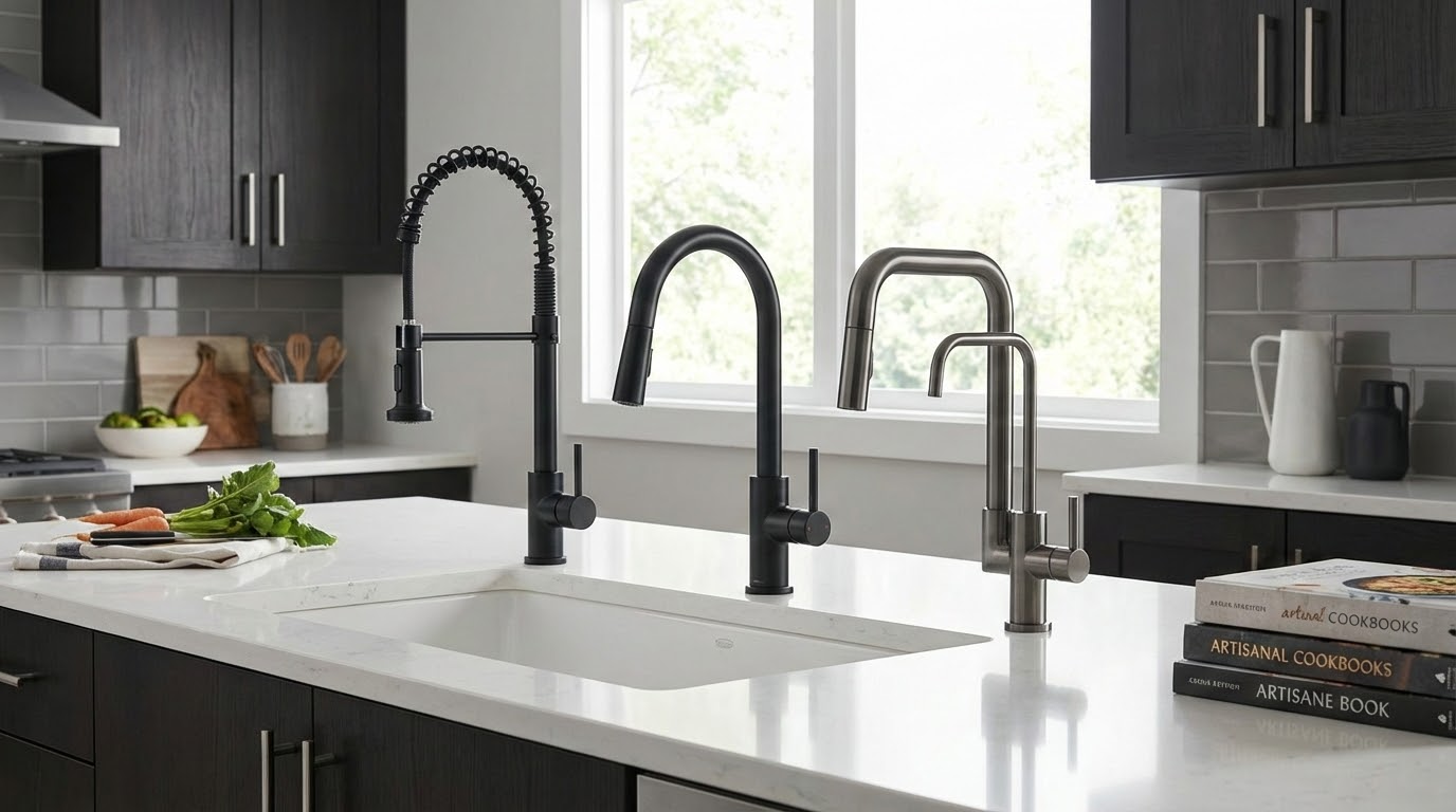 סוגי ברזי מטבח - ברז נשלף, ברז קשת גבוהה וברז עם פיה כפולה