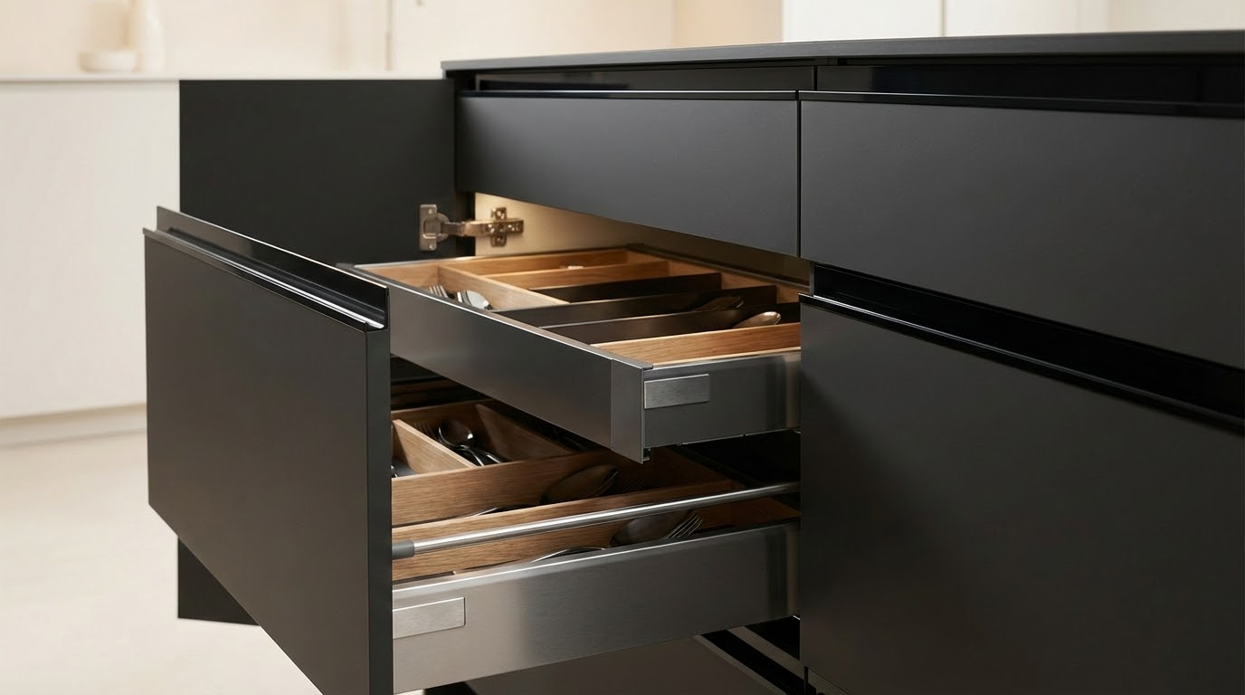 ארונות מטבח מודרניים עם פרזול מתקדם ופתרונות אחסון חכמים