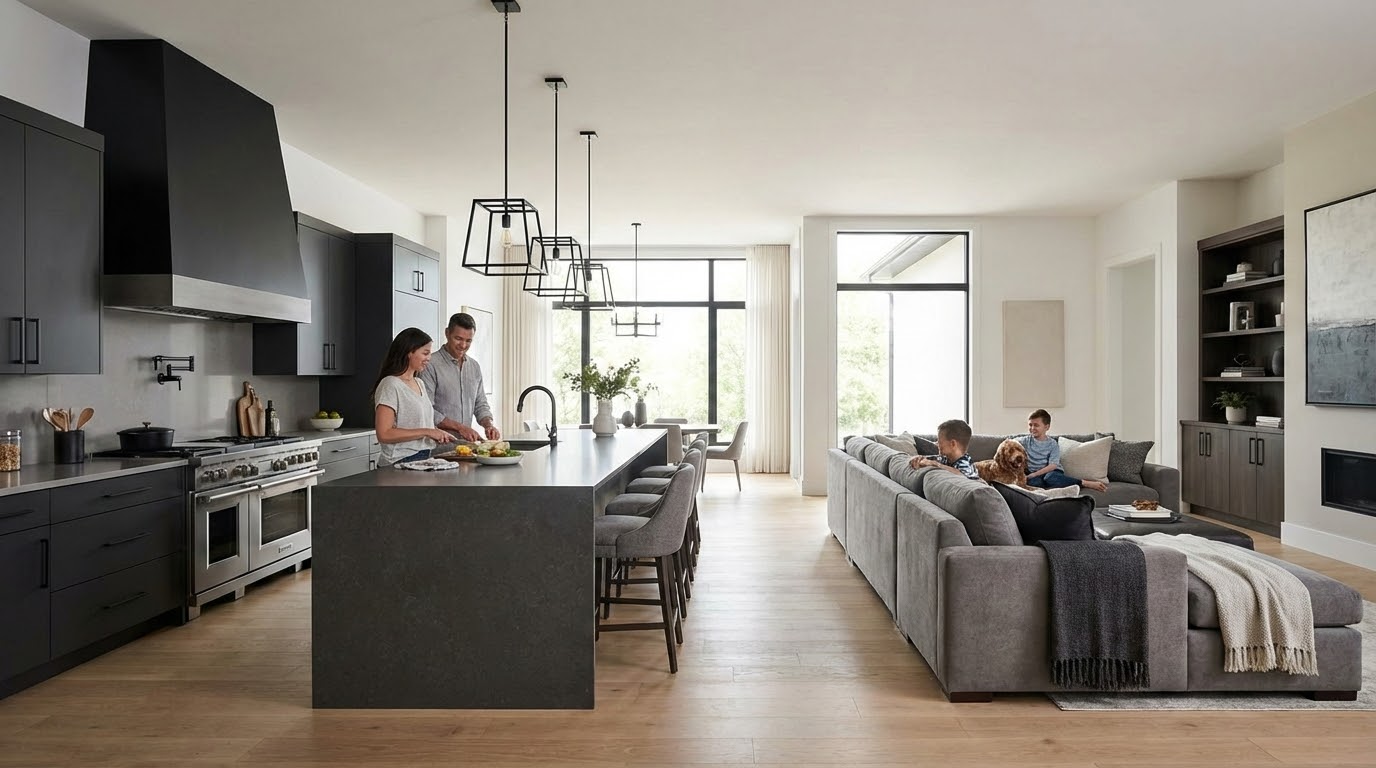 מטבח פתוח לסלון עם אי מרכזי ותכנון ארגונומי