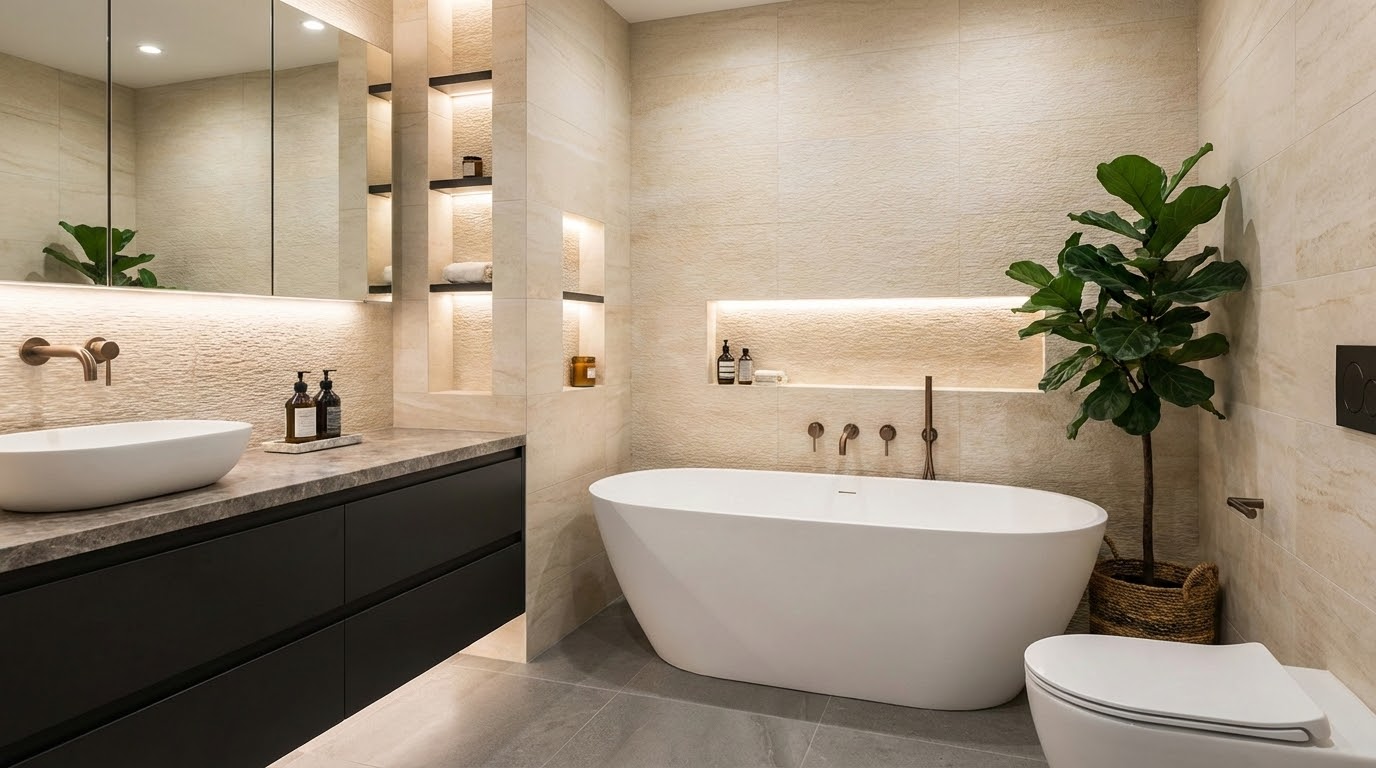 טרנדים בעיצוב חדר רחצה 2025 - ספא ביתי עם גוונים חמים וחומרים טבעיים