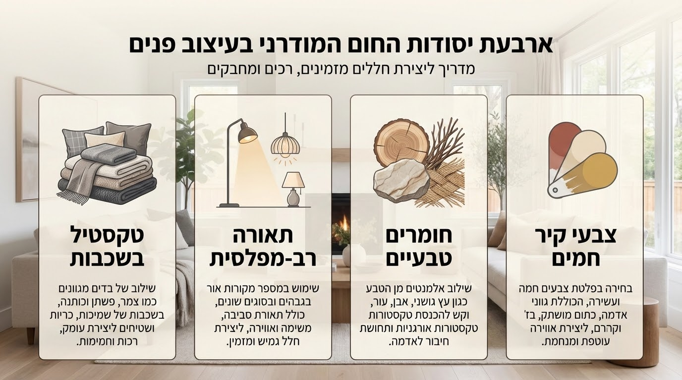 יישום חמימות מודרנית בעיצוב הבית - שילוב של חומרים טבעיים ותאורה חמה