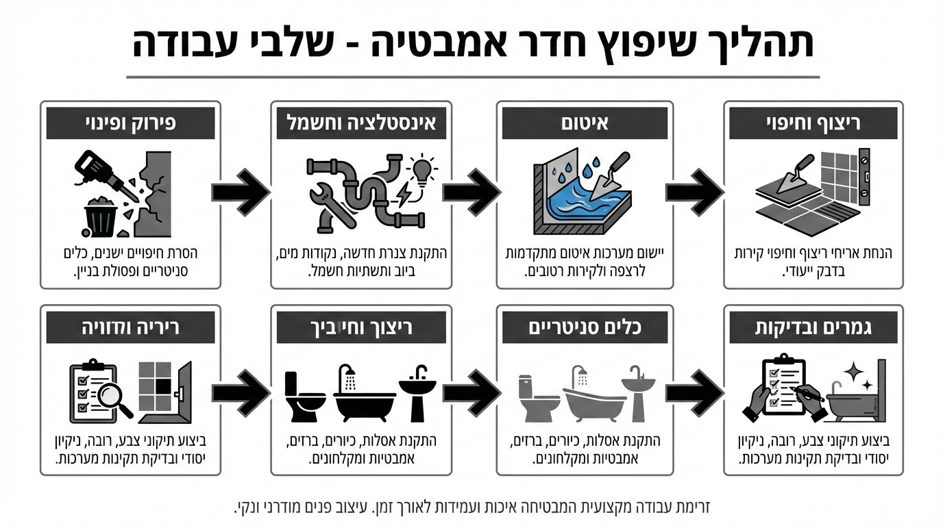 סדר העבודה הנכון בשיפוץ חדר אמבטיה מלא - תרשים זרימה של כל השלבים