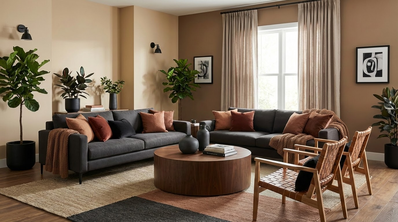 שילוב צבעים חמים בעיצוב הבית - דוגמה לפלטת גווני אדמה בסלון מודרני