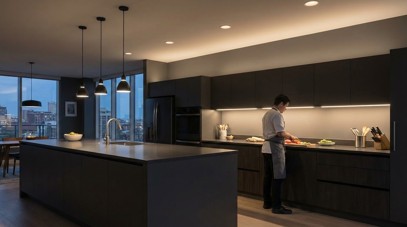שכבות תאורה מקצועיות במטבח - תאורה כללית משימתית ואווירה