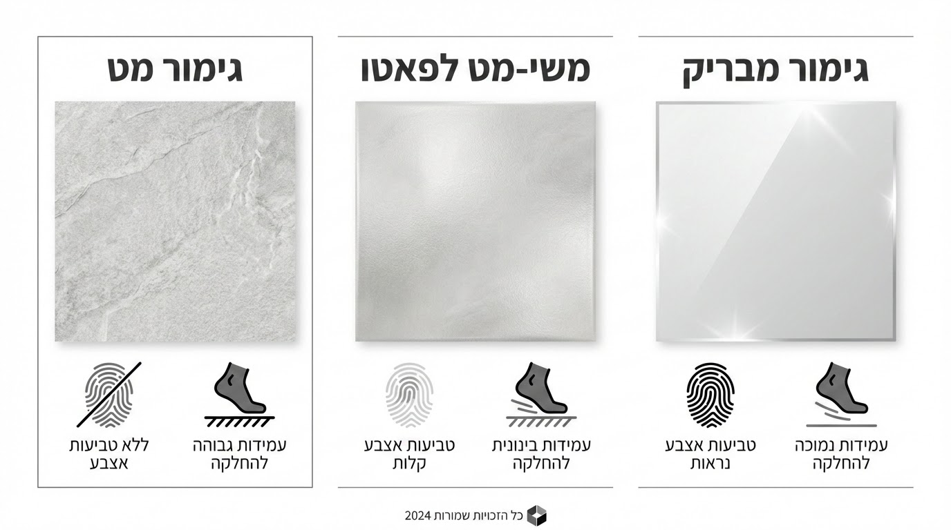 השוואת גימורי אריחים - מט מבריק ומט-משי לסלון