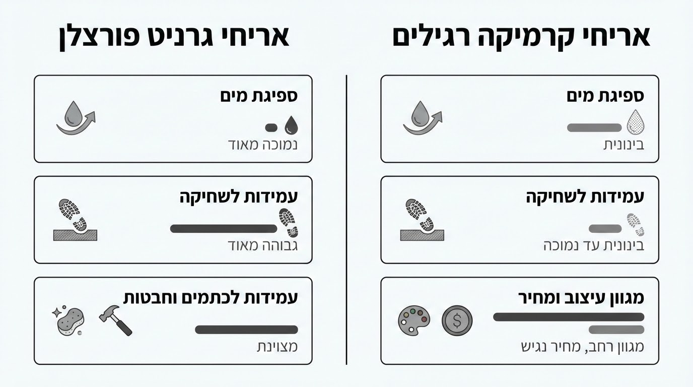 טבלת השוואת ביצועים בין גרניט פורצלן לקרמיקה