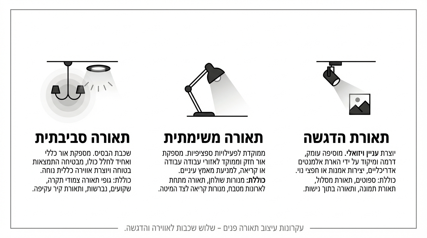 שכבות תאורה - תאורה כללית, תאורת משימה ותאורת הדגשה בחלל ביתי