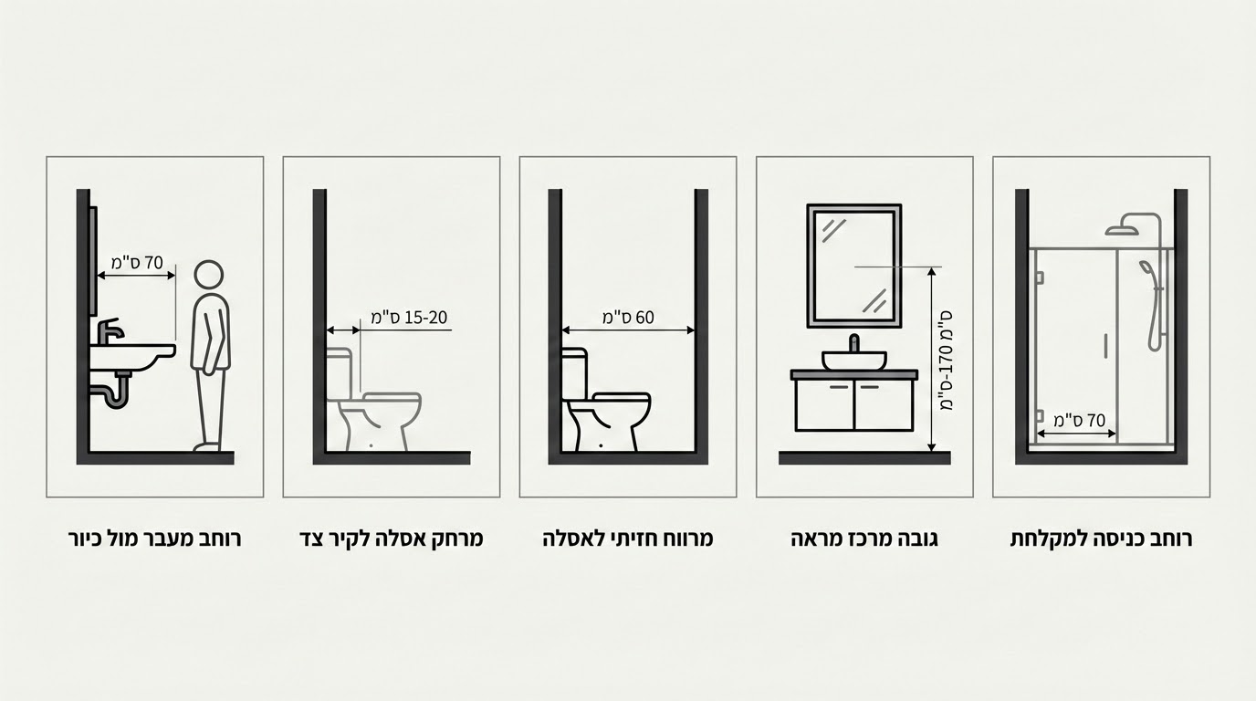 מידות ומרחקים חשובים לתכנון חדר אמבטיה - טבלת מידות מומלצות