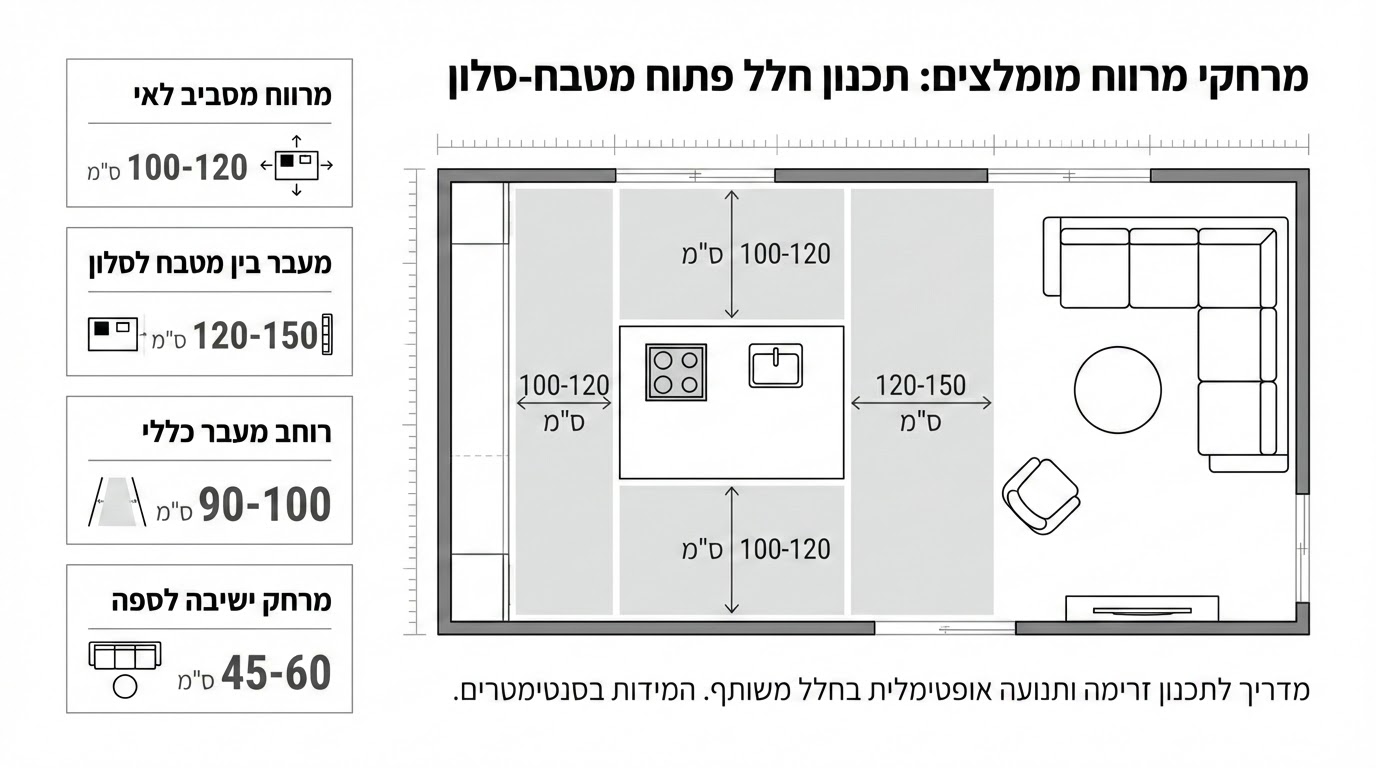 המרחק הנכון בין אי המטבח למעברים ולרהיטים בחלל פתוח