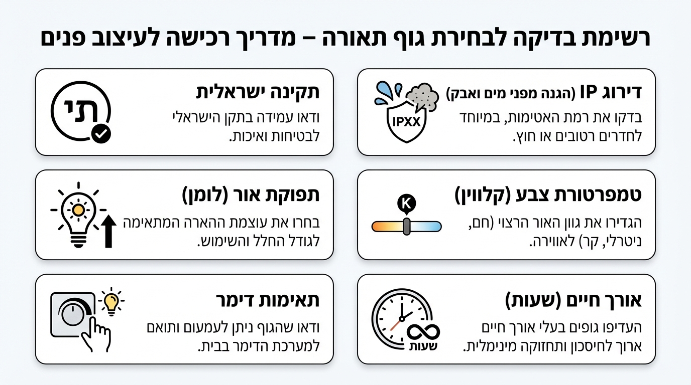 רשימת בדיקה לפני קניית גוף תאורה - תו תקן, דרגת IP ולומן