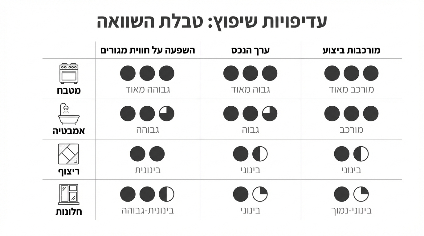 השוואת עדיפויות שדרוג - מטבח, חדר רחצה וריצוף