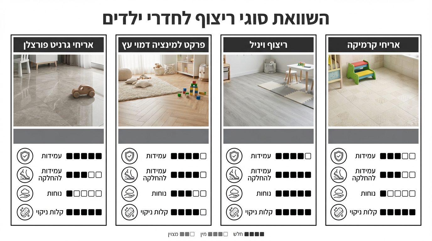 השוואת סוגי ריצוף לחדר ילדים - גרניט פורצלן, פרקט ווינילי