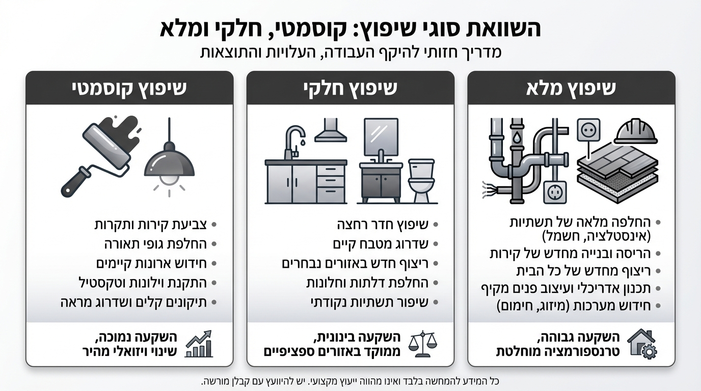השוואה בין שיפוץ קוסמטי לשיפוץ קומפלט - טבלת יתרונות וחסרונות