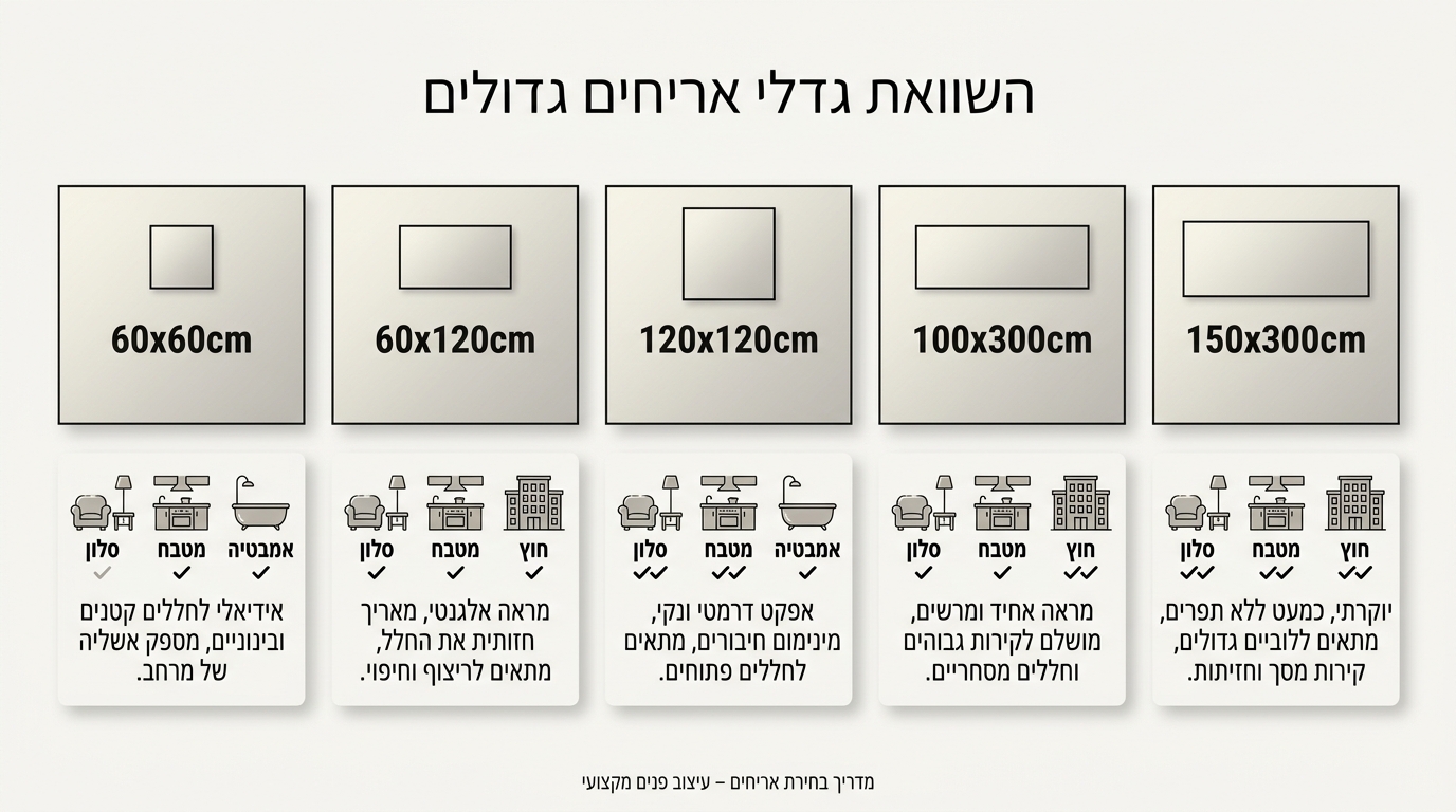 השוואת מידות אריחים גדולים נפוצים והתאמתם לחלל
