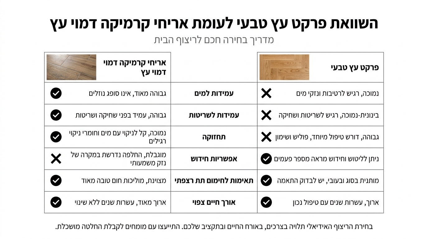 טבלת השוואה מקיפה בין קרמיקה דמוי עץ לפרקט עץ