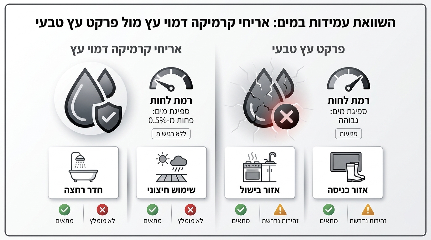 השוואה ישירה בין קרמיקה דמוי עץ ופרקט מבחינת עמידות למים