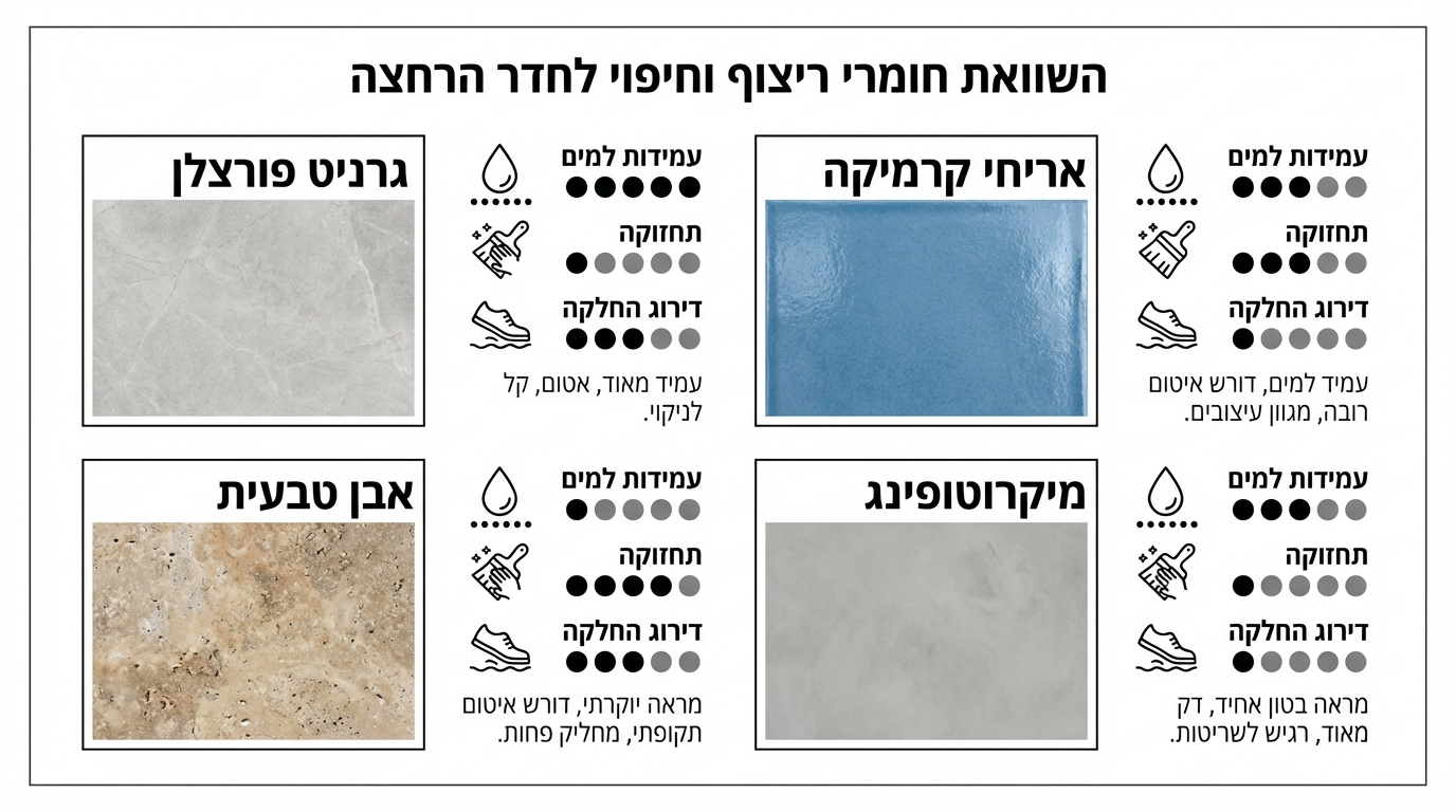 השוואת חומרי חיפוי וריצוף לחדר רחצה הורים — פורצלן, קרמיקה, אבן טבעית ומיקרוטופינג