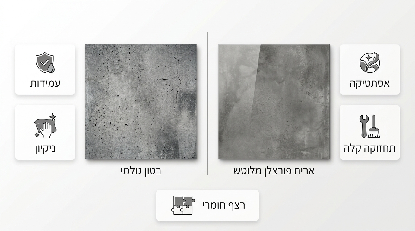 אריחי פורצלן בגימור מראה בטון – היסוד של העיצוב התעשייתי המודרני